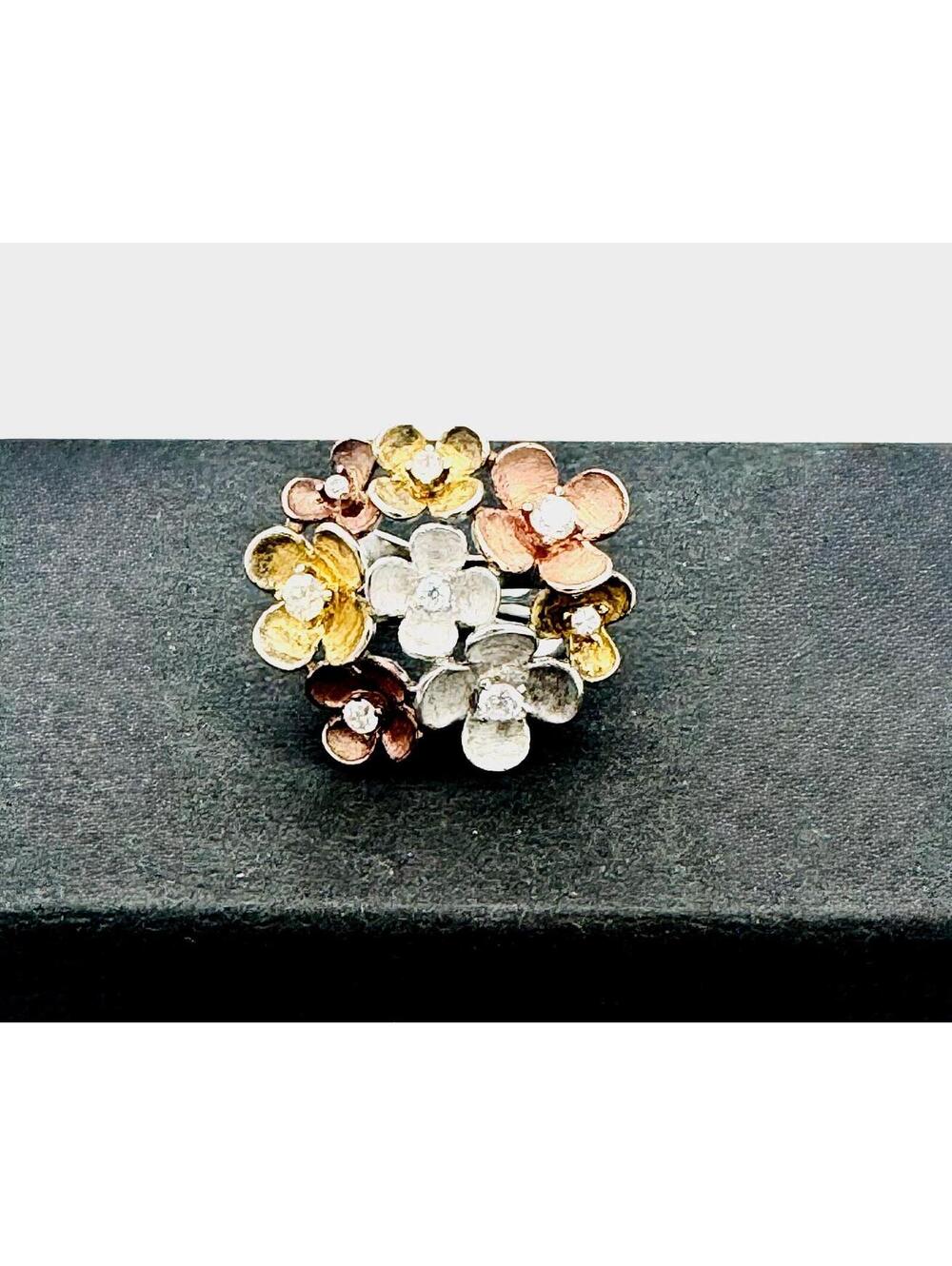 Vintage Tri-color sterling silver clear rhinestone multi-flower ring